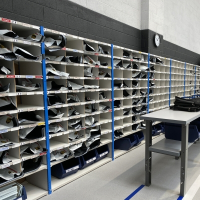 Mailroom sorter system using pigeon hole shelving